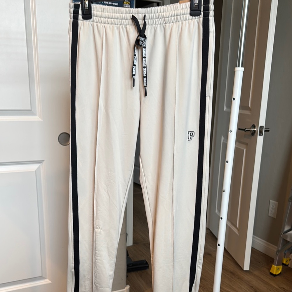 Victoria’s Secret Pink Women’s Cream Track Pants with Black Stripes